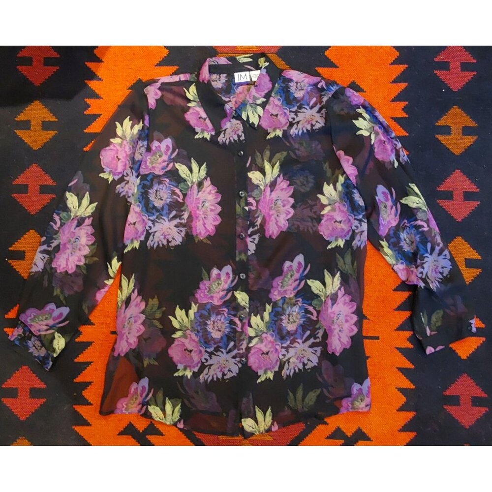 JM Collection Women's Black Purple Floral Sheer Buttondown Shirt. Size XL